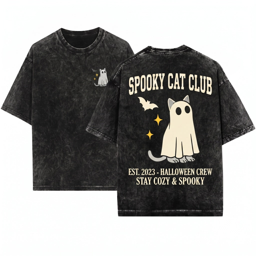 Embroidered Halloween Cute Ghost Spooky Kitty Cozy Fall Boo Basket Gift Apparel Unisex Wash T-Shirt