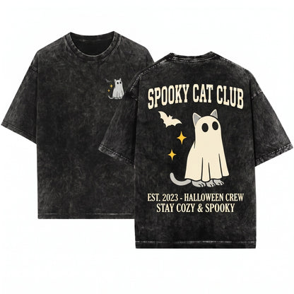 Embroidered Halloween Cute Ghost Spooky Kitty Cozy Fall Boo Basket Gift Apparel Unisex Wash T-Shirt