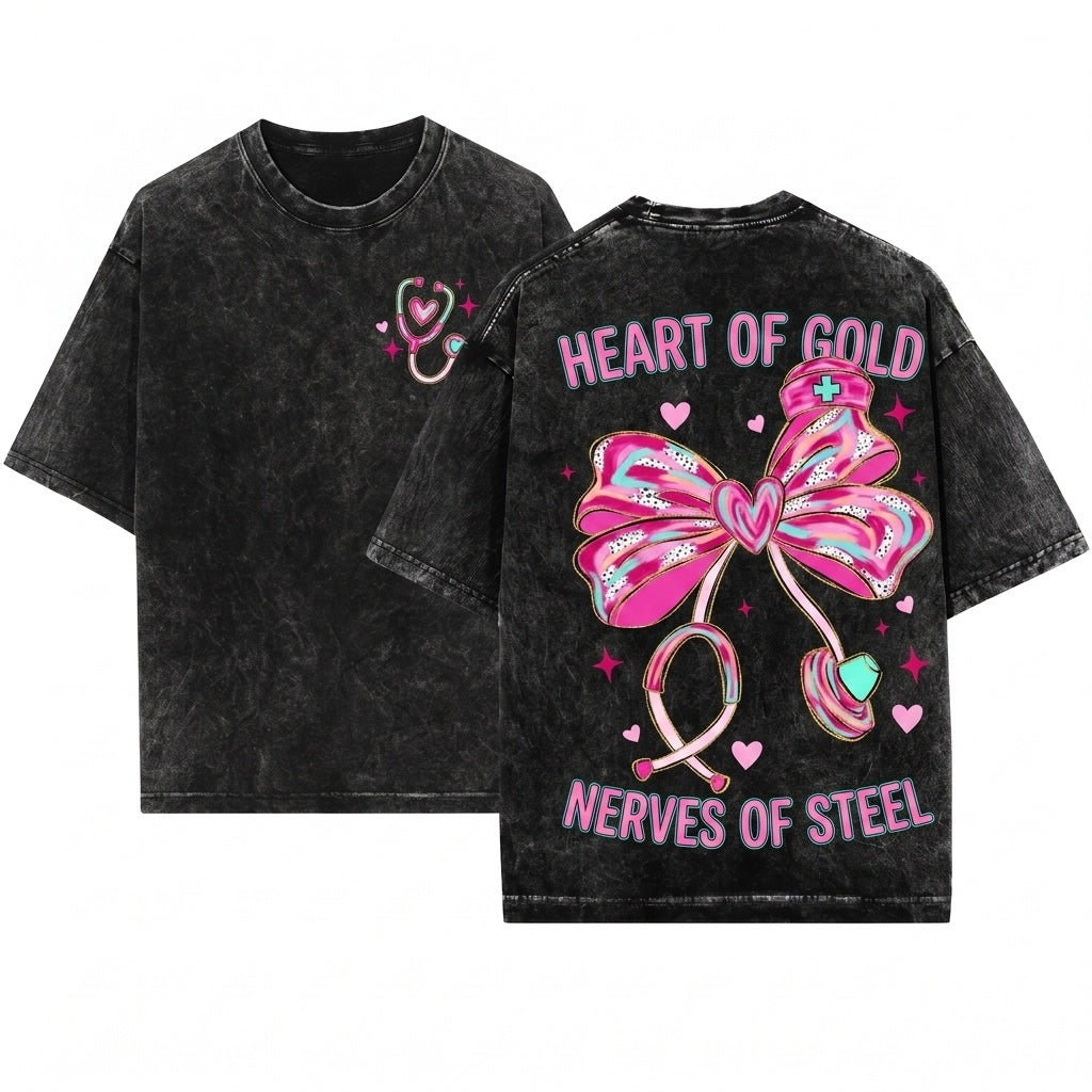 Cute Pink Brushstroke Stethoscope Heart Medical Nurse Bow Valentine Graphic Unisex Wash T-Shirt