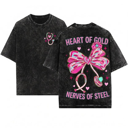 Cute Pink Brushstroke Stethoscope Heart Medical Nurse Bow Valentine Graphic Unisex Wash T-Shirt