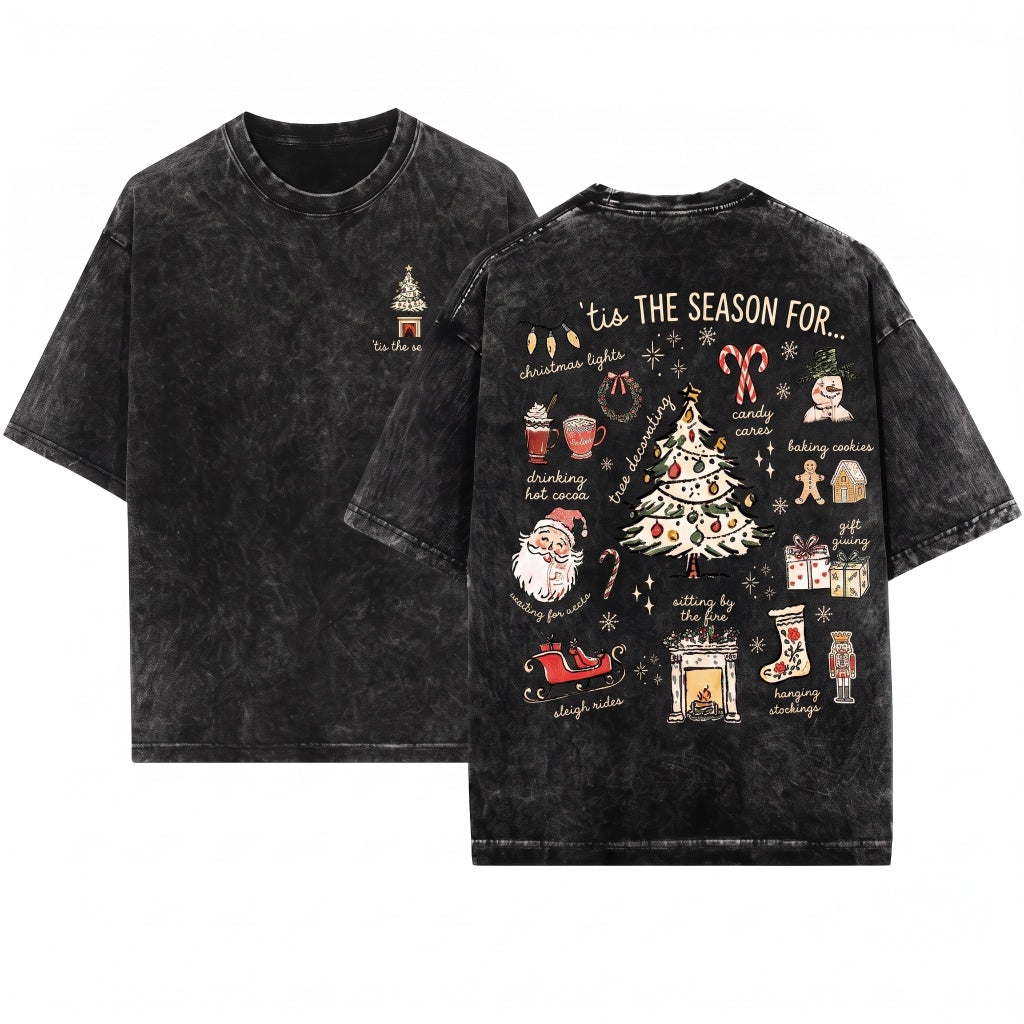 Retro Santa Christmas Tree Tis The Season Holiday Long Sleeve Womens Unisex Wash T-Shirt