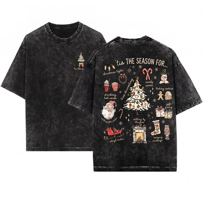 Retro Santa Christmas Tree Tis The Season Holiday Long Sleeve Womens Unisex Wash T-Shirt