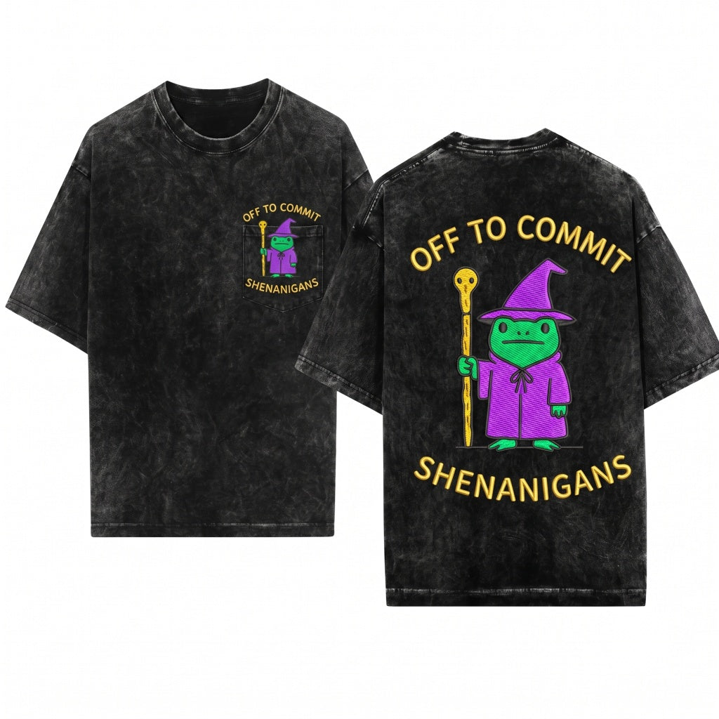 Embroidered Wizard Frog Off To Commit Shenanigans Funny Tabletop RPG Fantasy Gift Ren Faire 1717 Unisex Wash T-Shirt
