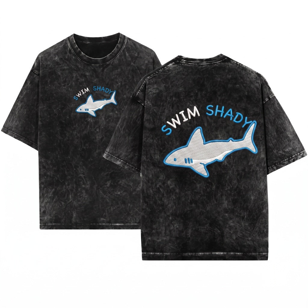Swim Shady Embroidered Shark Funny Cute Summer Tropical Ocean Beach Travel Vacation Gifts for Lovers Women Men Unisex Wash T-Shirt