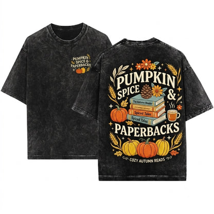 Pumpkin Spice Paperbacks Embroidered Fall Bookish Cozy Autumn Boo Basket Reader Unisex Wash T-Shirt