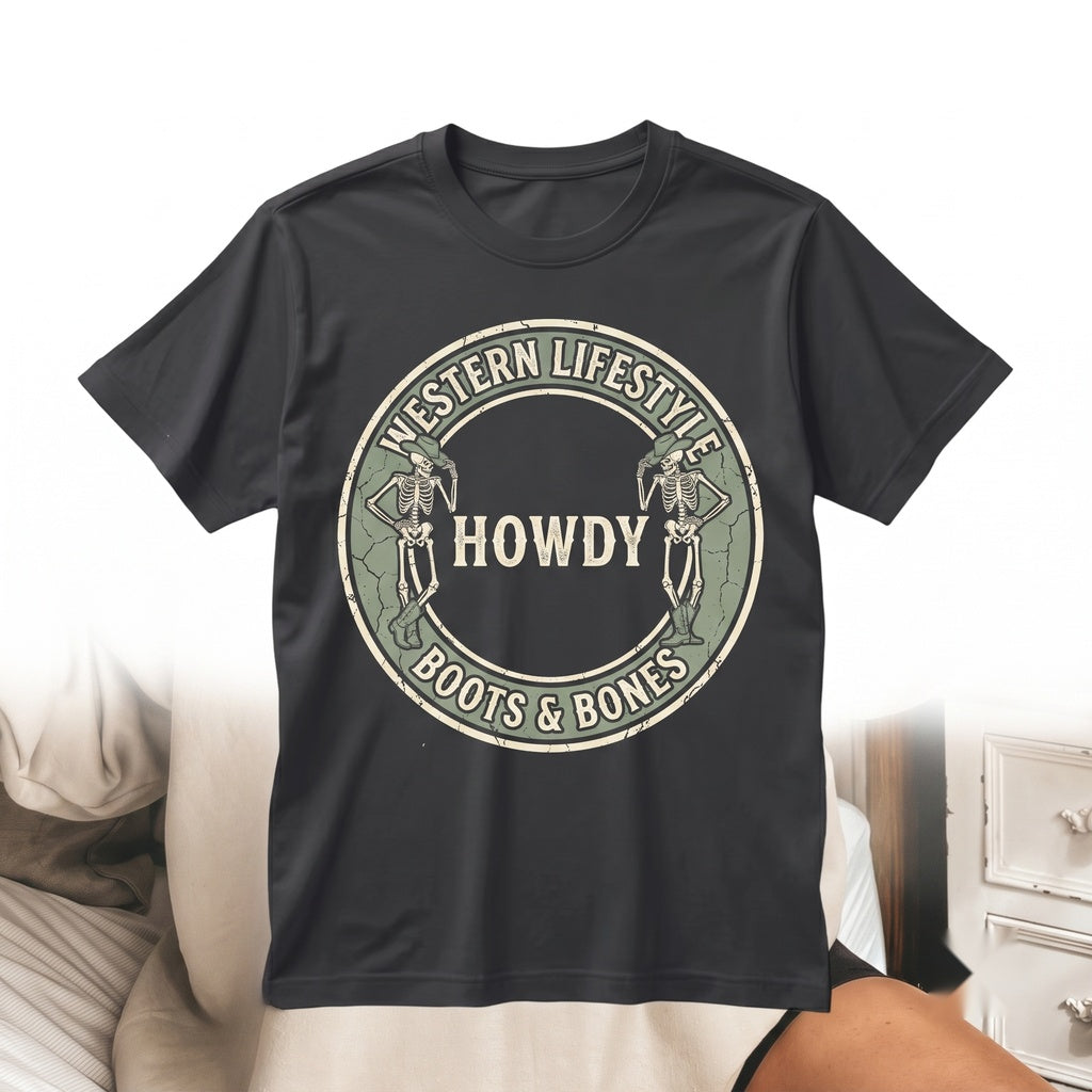 Howdy Cowboy Skeleton Halloween Wild West Thriller Spooky Graphic Pullover Unisex TShirt