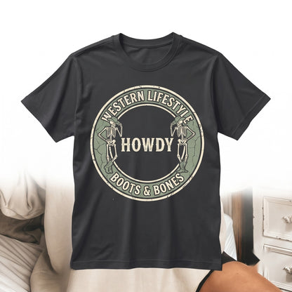 Howdy Cowboy Skeleton Halloween Wild West Thriller Spooky Graphic Pullover Unisex TShirt