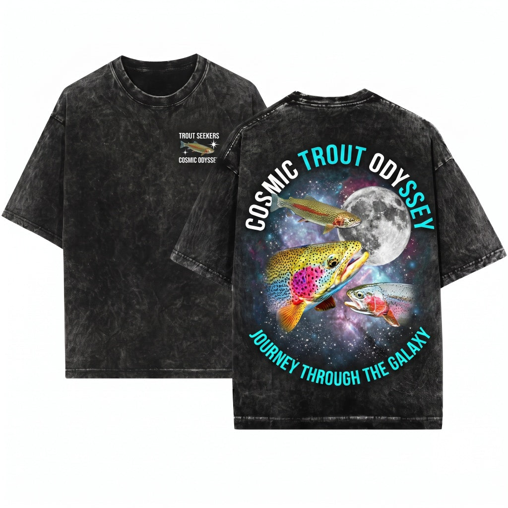 Three Rainbow Trout Moon Oncorhynchus Mykiss Galaxy Fishing Hobbyist Retro Angler Graphic Gift Unisex Wash T-Shirt