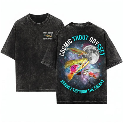 Three Rainbow Trout Moon Oncorhynchus Mykiss Galaxy Fishing Hobbyist Retro Angler Graphic Gift Unisex Wash T-Shirt