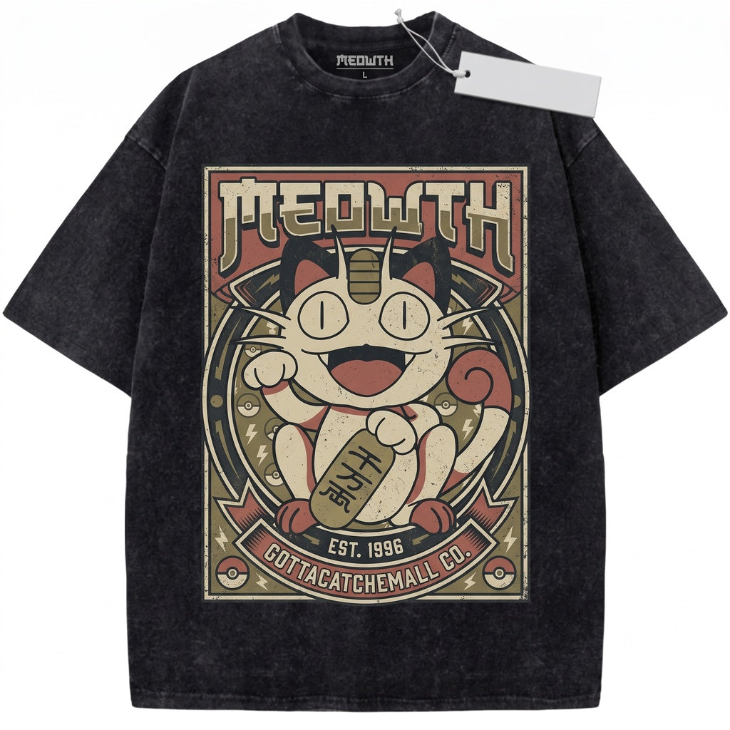 Lucky Cat Meowth Retro Graphic Vintage Japanese Acid Wash Oversized Gamer Gift Unisex TShirt