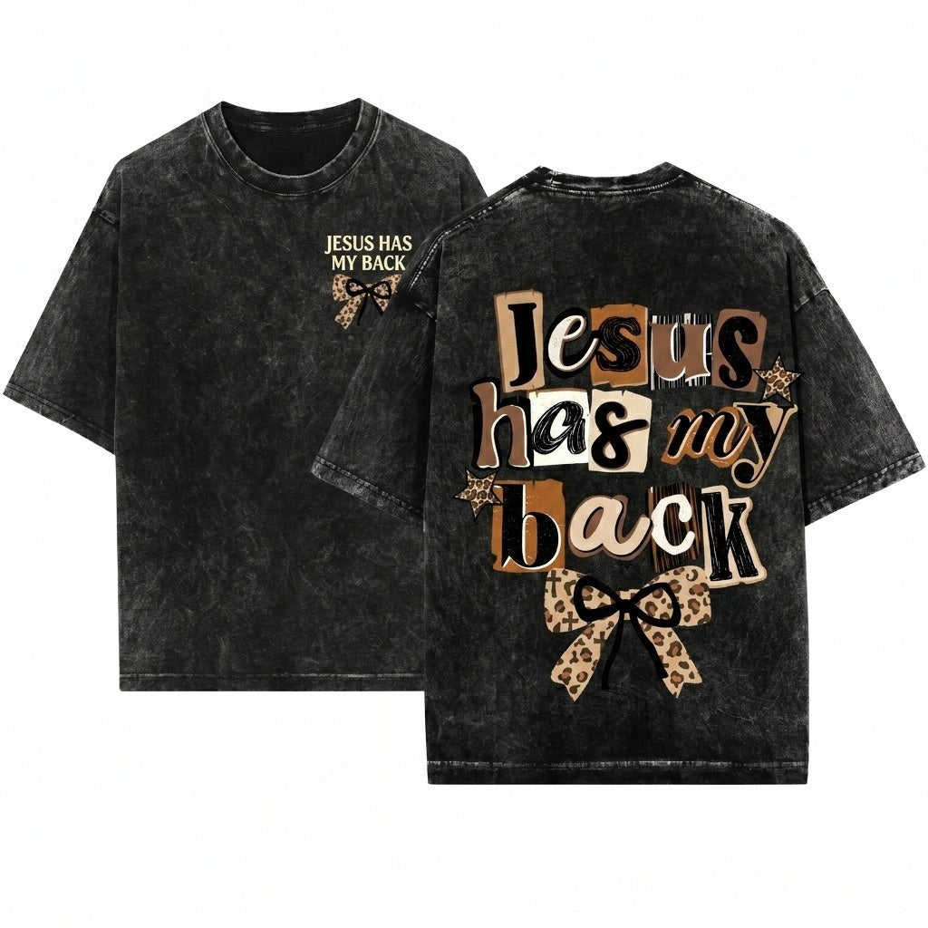 Jesus Has My Back Faith Doodles Trendy Leopard Bow Religious Christian Graphic Unisex Wash T-Shirt