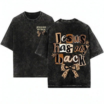 Jesus Has My Back Faith Doodles Trendy Leopard Bow Religious Christian Graphic Unisex Wash T-Shirt