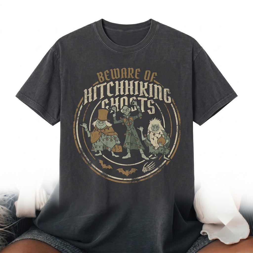 Beware Of Hitchhiking Ghosts Halloween Ride Welcome Foolish Mortals Spooky Vacation Graphic Unisex TShirt