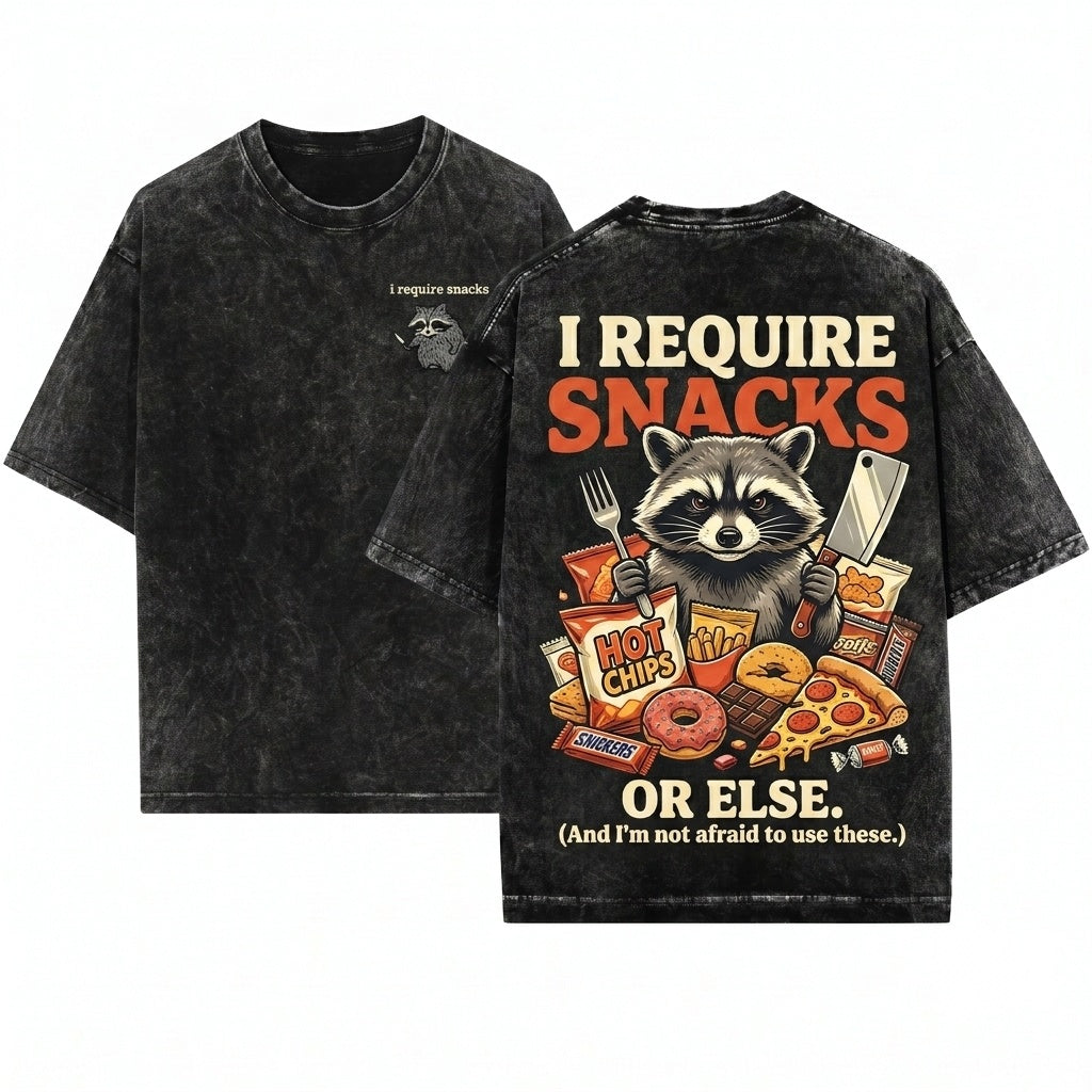 Heres my take I Require Snacks Feral Embroidered Raccoon Funny Cozy Unhinged Animal Gift Unisex Wash T-Shirt