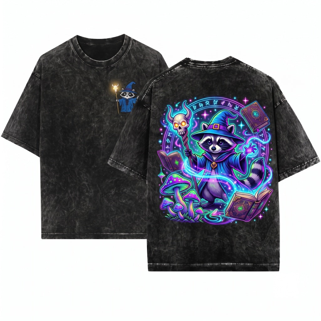 Wizard Raccoon Embroidered DnD Nerd Ren Faire Apparel Vintage Graphic Unisex Wash T-Shirt