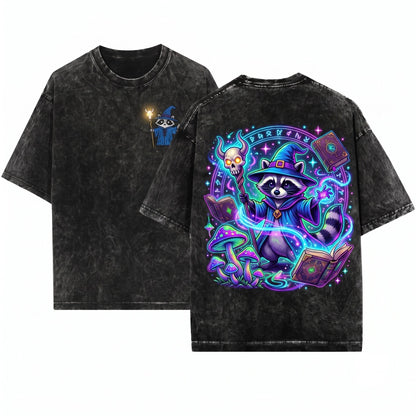 Wizard Raccoon Embroidered DnD Nerd Ren Faire Apparel Vintage Graphic Unisex Wash T-Shirt