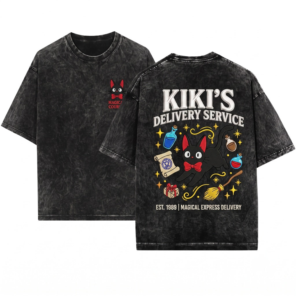 Jiji and Bread Anime Cat Embroidered Tee – Kawaii Cozy Shirt, Studio-Inspired Witchy Cat Gift, Cute Magical Familiar Tee
