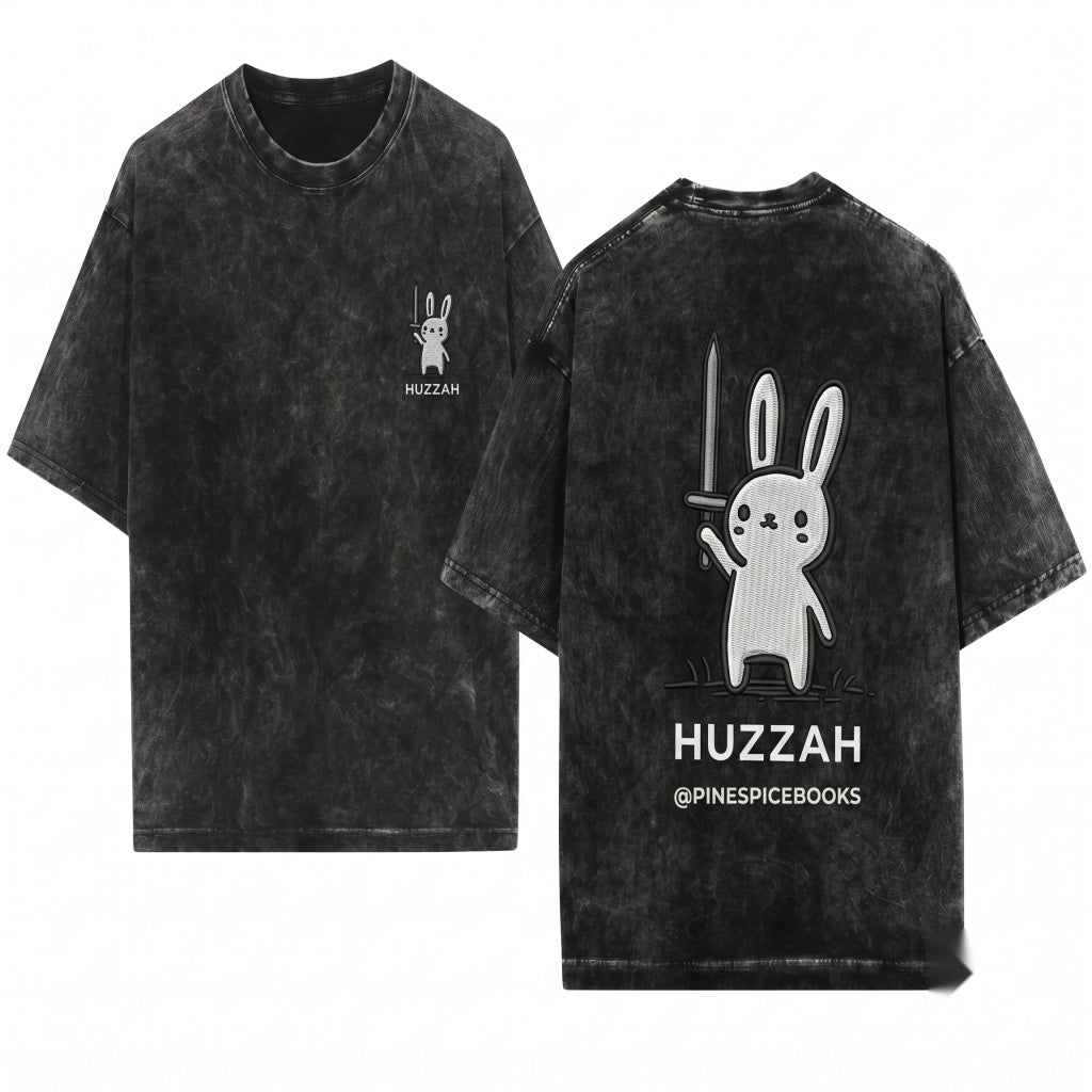 Huzzah Funny Medieval Embroidered Bunny With Sword Vintage Graphic Unisex Wash T-Shirt