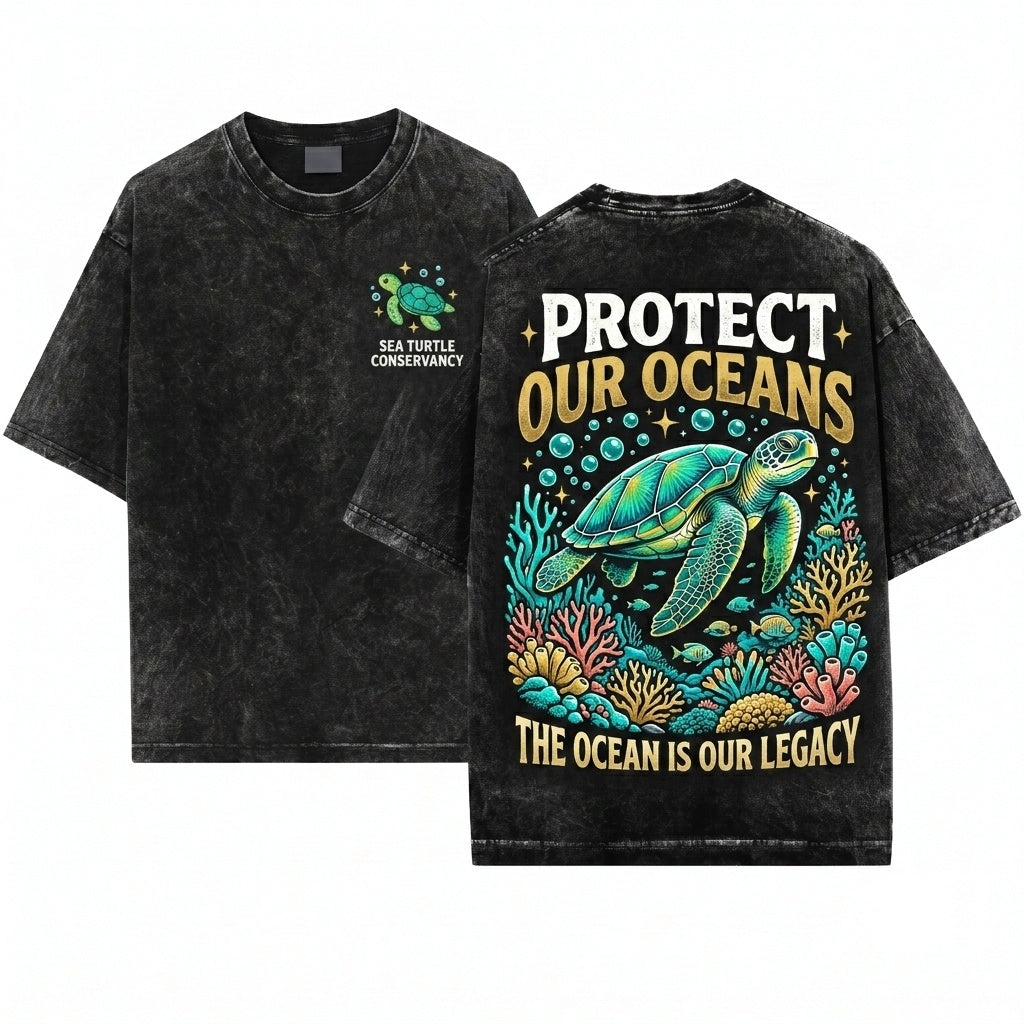 Sea Turtle Embroidered Ocean Animal Comfort Graphic Unisex Wash T-Shirt