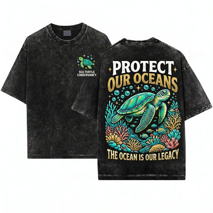 Sea Turtle Embroidered Ocean Animal Comfort Graphic Unisex Wash T-Shirt