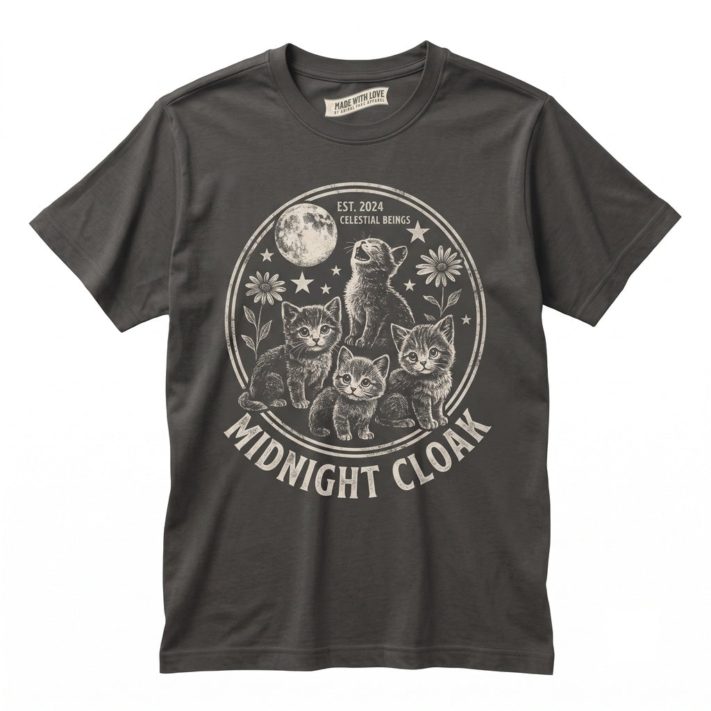 Full Moon Celestial Stars Vintage Floral Kittens Graphic Night Sky Lovers Gift Unisex TShirt