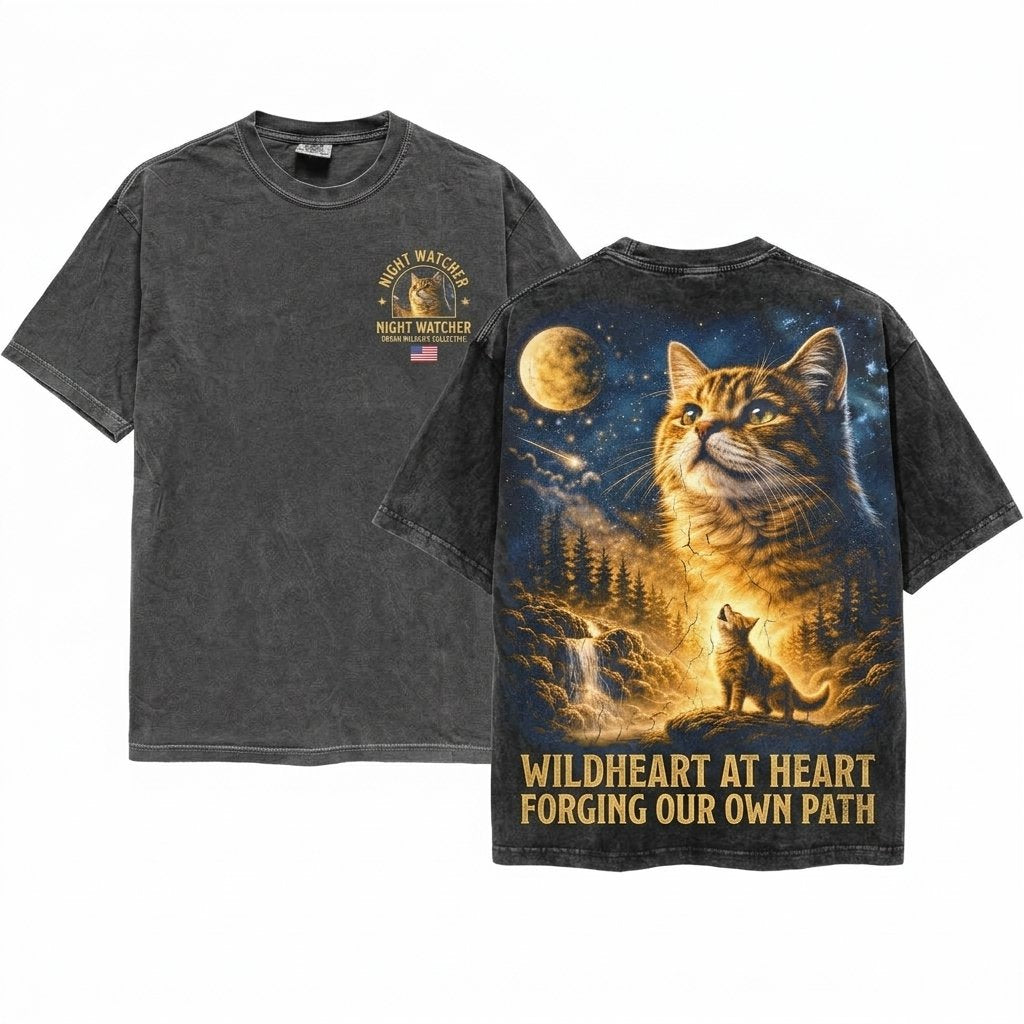 Retro Tiger Cat Howling Full Moon Graphic Comfort Cute Kitten Mom Gift Unisex Wash T-Shirt