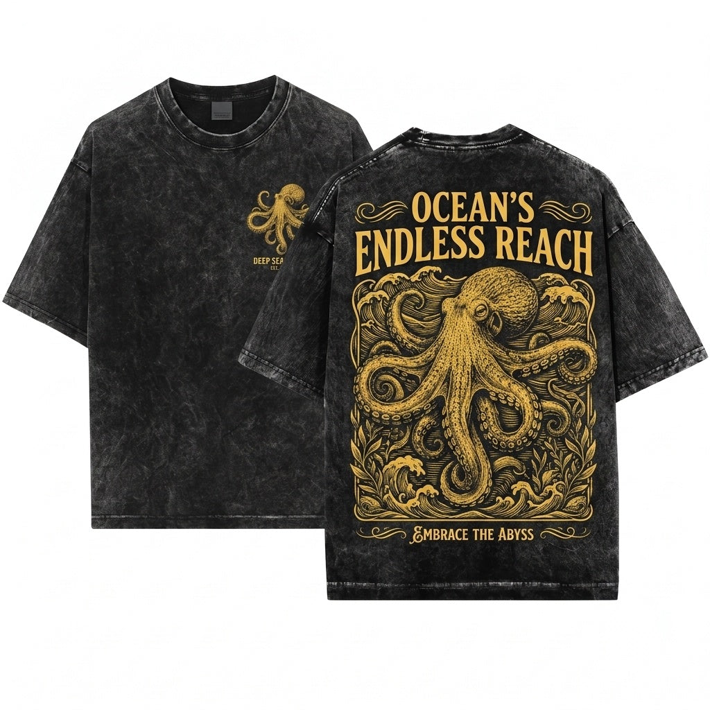 Vintage Ocean Octopus Graphic Marine Sea Creature Coastal Nautical Retro Style Wildlife Gift Unisex Wash T-Shirt