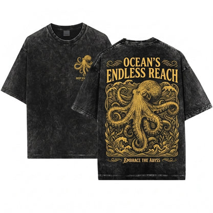 Vintage Ocean Octopus Graphic Marine Sea Creature Coastal Nautical Retro Style Wildlife Gift Unisex Wash T-Shirt