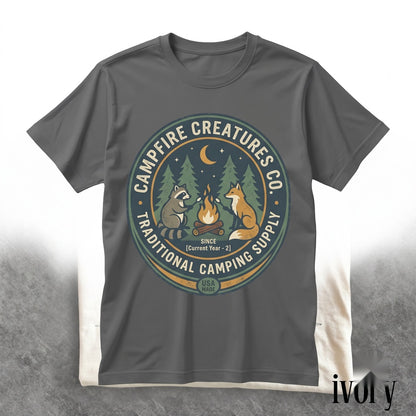 Retro Camping Raccoon Graphic Forest Campfire Wildlife Cozy Outdoor Adventure Nature Gift Unisex TShirt