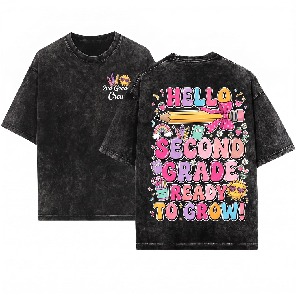 Hello Second Grade Girls First Day of School Cute Coquette Ribbon Bow Unisex Wash T-Shirt