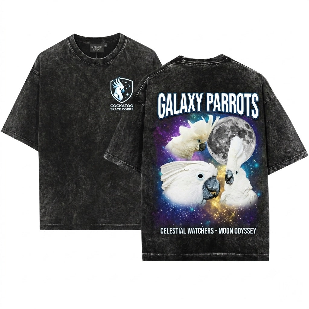 Three Umbrella Cockatoo Moon White Parrot Lover Exotic Bird Galaxy Retro Vintage Graphic Top Unisex Wash T-Shirt