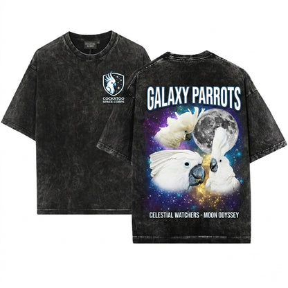 Three Umbrella Cockatoo Moon White Parrot Lover Exotic Bird Galaxy Retro Vintage Graphic Top Unisex Wash T-Shirt