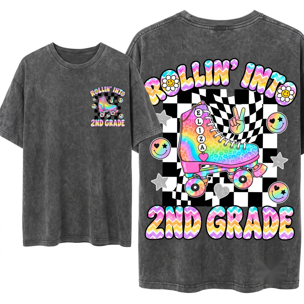 Retro Back to School Roller Skate Colorful Checker Custom Name Grade Kids Youth Toddler Unisex Wash T-Shirt