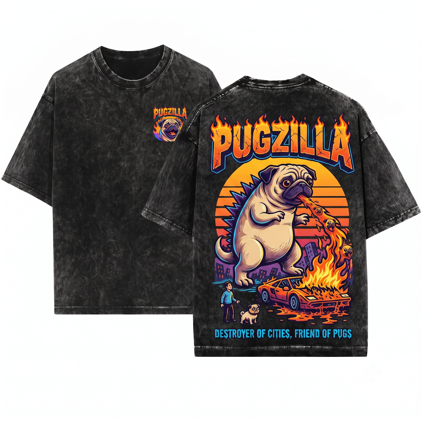 Retro Pugzilla Fire Breathing Monster Shirt Funny Vintage Comic Dog Mom Dad Gift Unisex Heavyweight Garment-Dyed T-Shirt