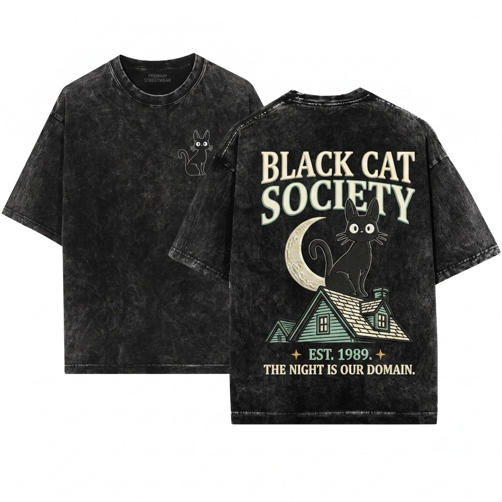 Jiji Black Cat Embroidered Tee – Whimsical Witchy Familiar Vibes for Book Lovers – Unisex Wash T-Shirt