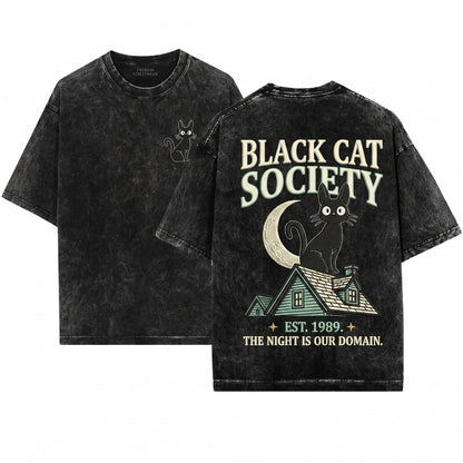 Jiji Black Cat Embroidered Tee – Whimsical Witchy Familiar Vibes for Book Lovers – Unisex Wash T-Shirt