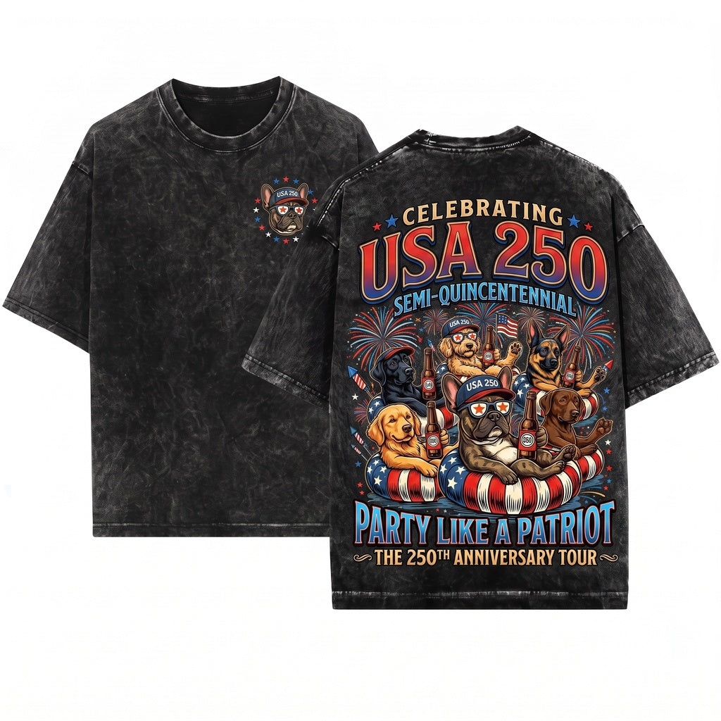 Patriotic Dogs 4th July Independence Day 50+ Breeds Custom USA Flag Fireworks America 250 Unisex Wash T-Shirt