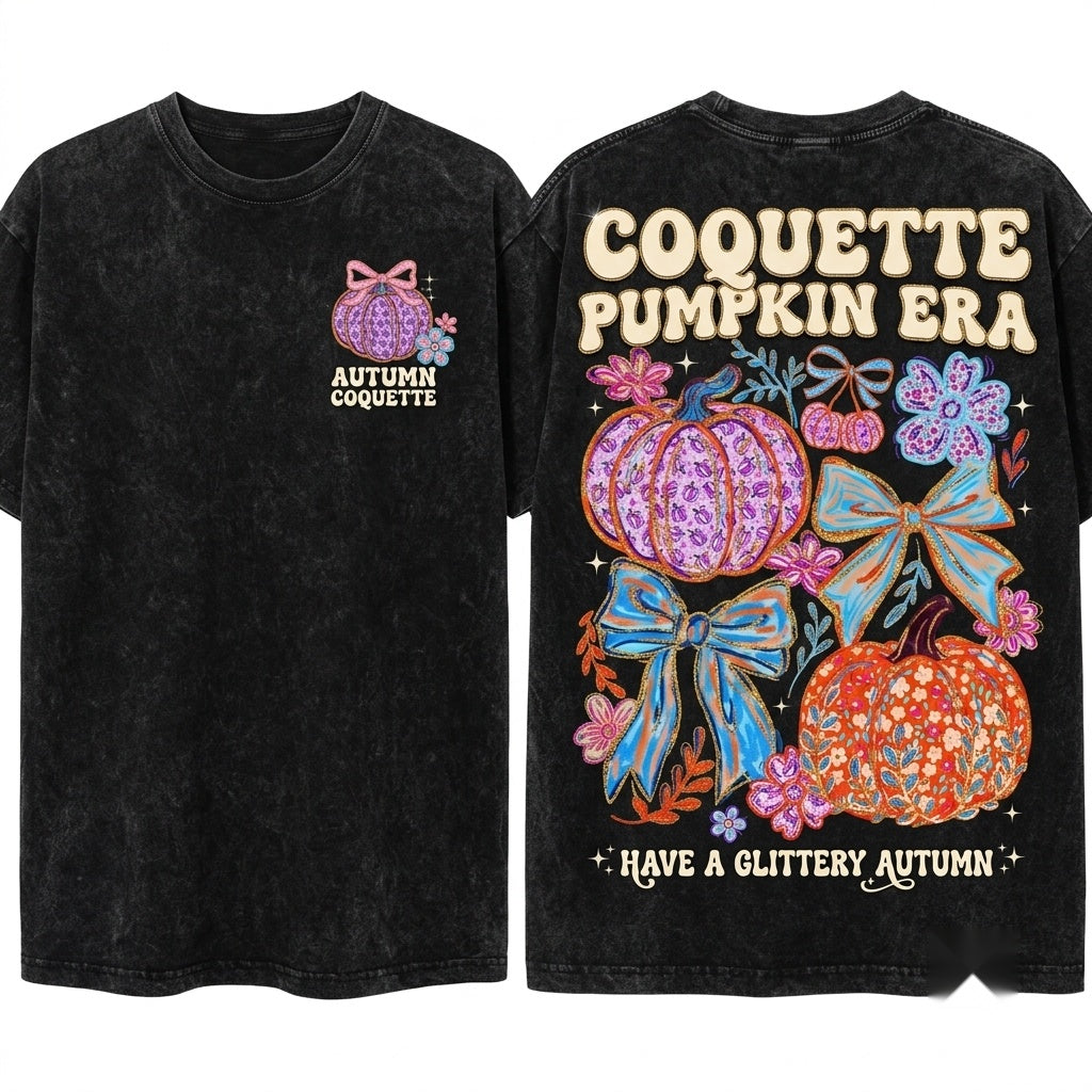 Colorful Floral Coquette Brushstroke Glitter Pumpkin Bow Trendy Thanksgiving Autumn Girly Faux Unisex Wash T-Shirt