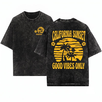 Summer Vibes Beach Fun Palm Tree Tropical Sunshine Unisex Wash T-Shirt