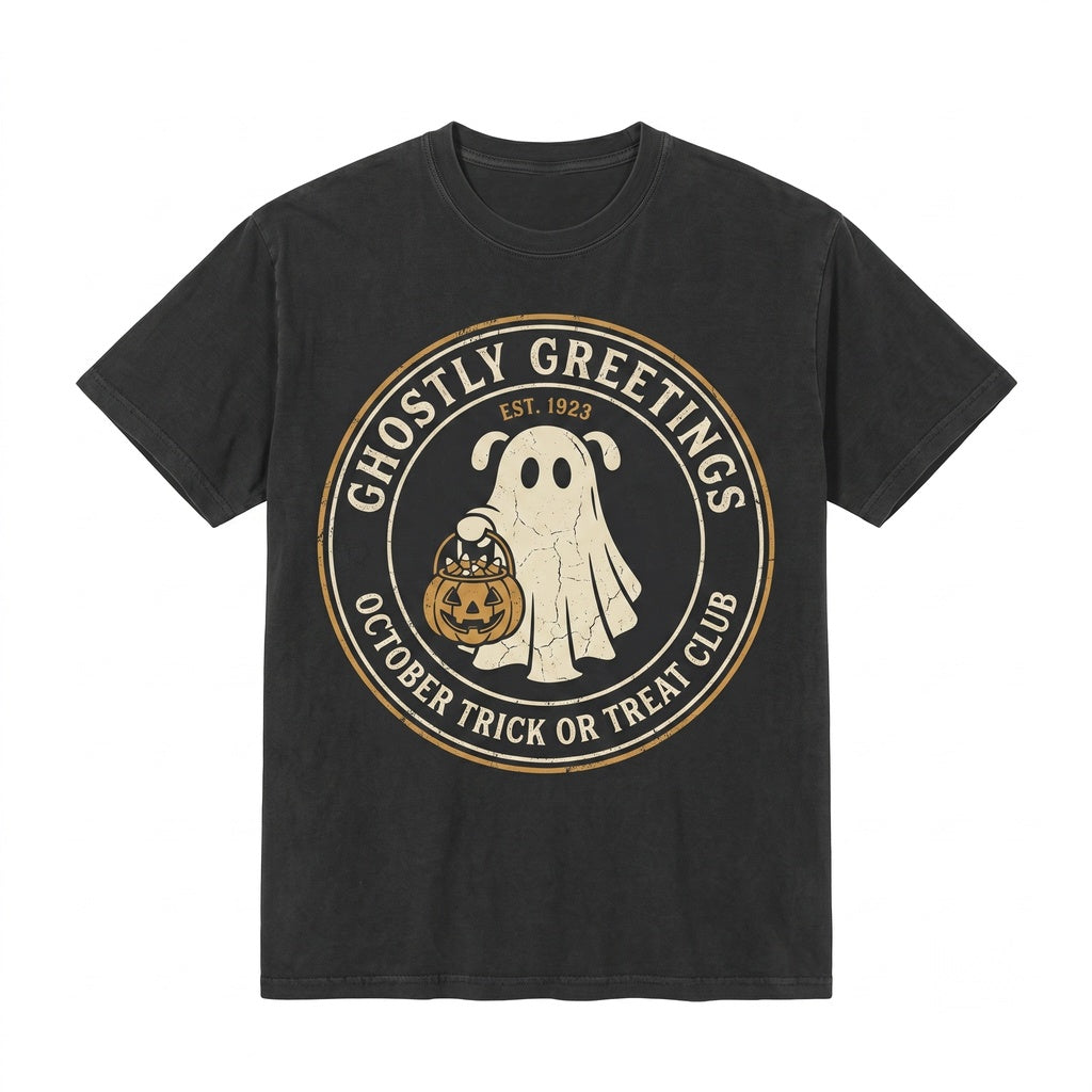 Vintage Retro Spooky Ghost Trick or Treat Cartoon Halloween Party Graphic Apparel for Couples Unisex TShirt
