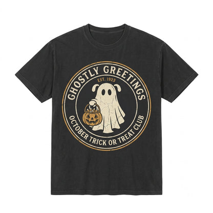 Vintage Retro Spooky Ghost Trick or Treat Cartoon Halloween Party Graphic Apparel for Couples Unisex TShirt