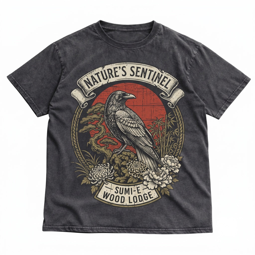 Vintage Japanese Raven Crow Graphic Art Red Sun Botanical Aesthetic Bird Apparel Unisex TShirt