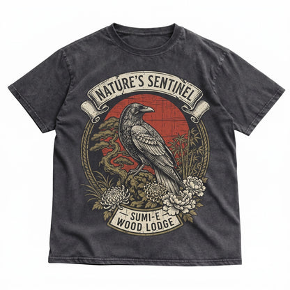 Vintage Japanese Raven Crow Graphic Art Red Sun Botanical Aesthetic Bird Apparel Unisex TShirt