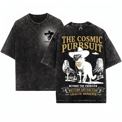 Cowboy Scottish Fold UFO Funny Alien Cat Western Vintage Ranch Graphic Desert Mom Dad Country Unisex Wash T-Shirt