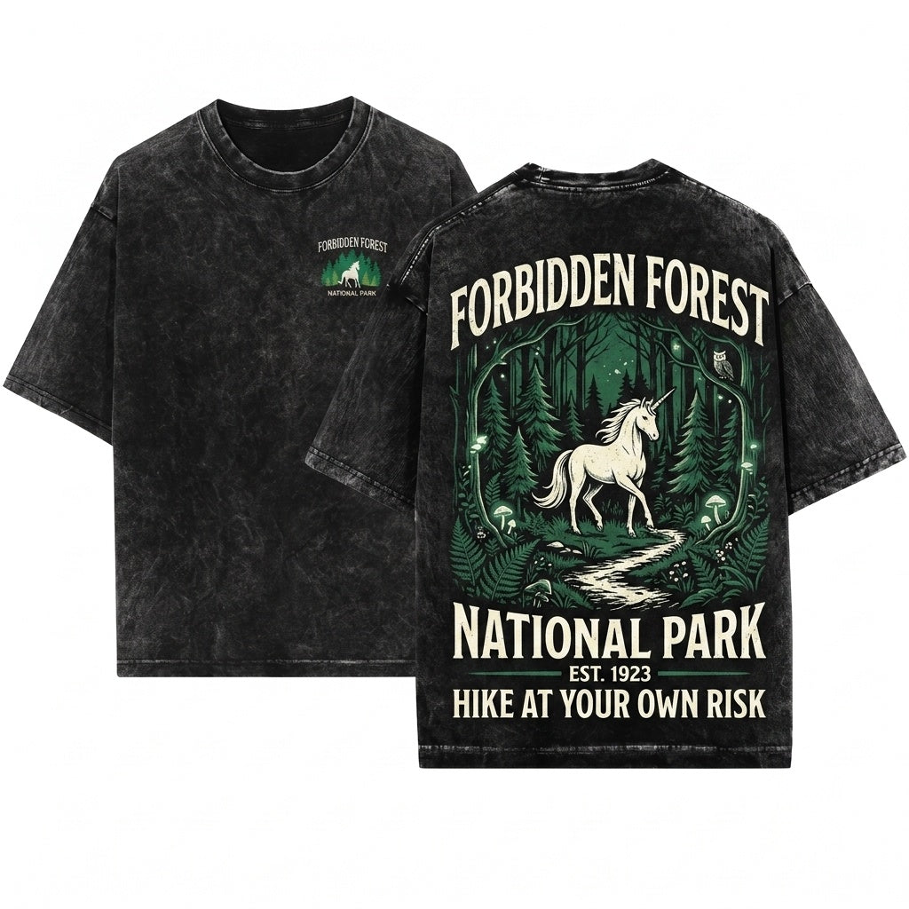Forbidden Forest National Park Magical Wizard School Inspired Unicorn Book Lovers Bookish Unisex Wash T-Shirt