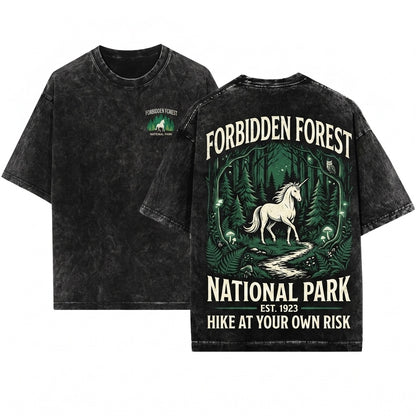 Forbidden Forest National Park Magical Wizard School Inspired Unicorn Book Lovers Bookish Unisex Wash T-Shirt