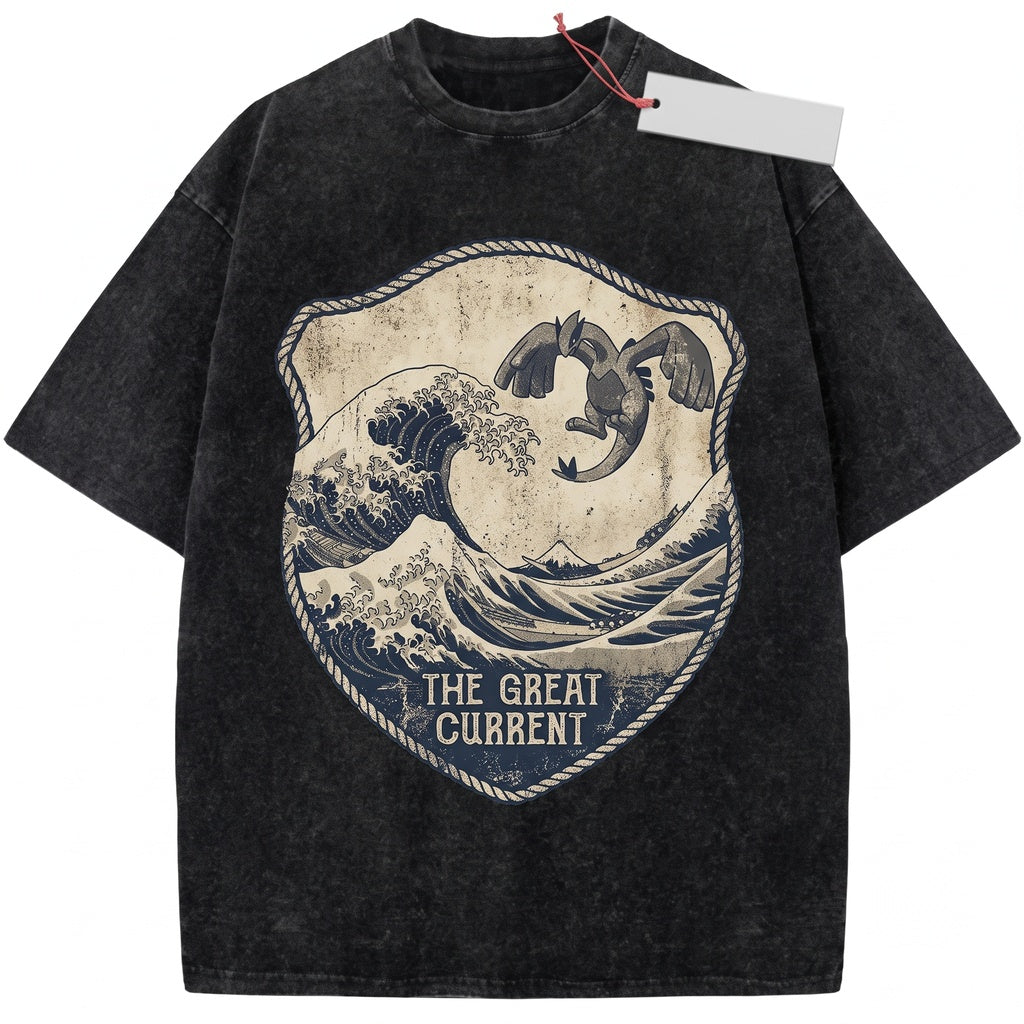 Lugia Vintage Wash Great Wave Japanese Ukiyo-e Anime Inspired Retro Oversized Streetwear Graphic Unisex TShirt