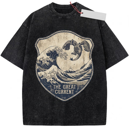 Lugia Vintage Wash Great Wave Japanese Ukiyo-e Anime Inspired Retro Oversized Streetwear Graphic Unisex TShirt