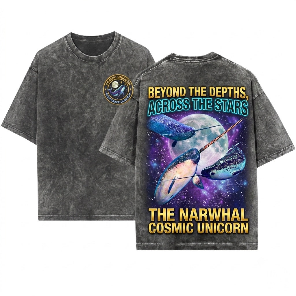 Space Galaxy Narwhal Moon Ocean Unicorn Whale Graphic Unisex Wash T-Shirt