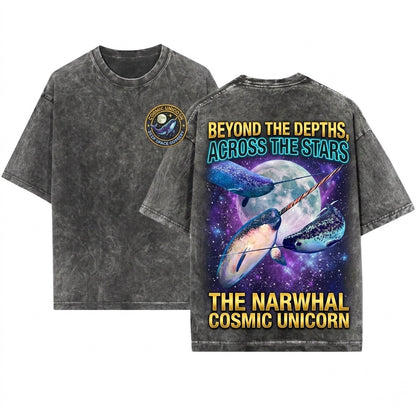 Space Galaxy Narwhal Moon Ocean Unicorn Whale Graphic Unisex Wash T-Shirt
